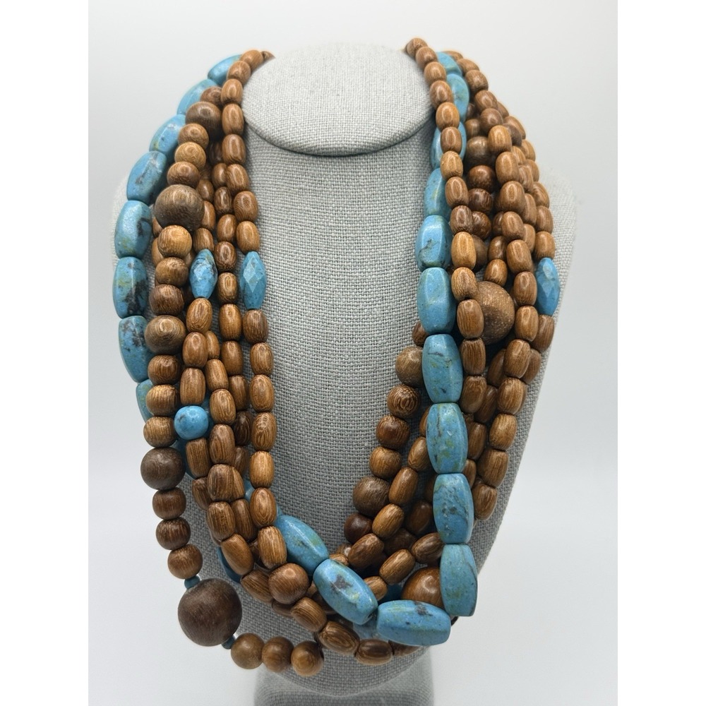 Carolee Chunky Necklace Multi Strand Wood Turquoise Bead Statement 16"